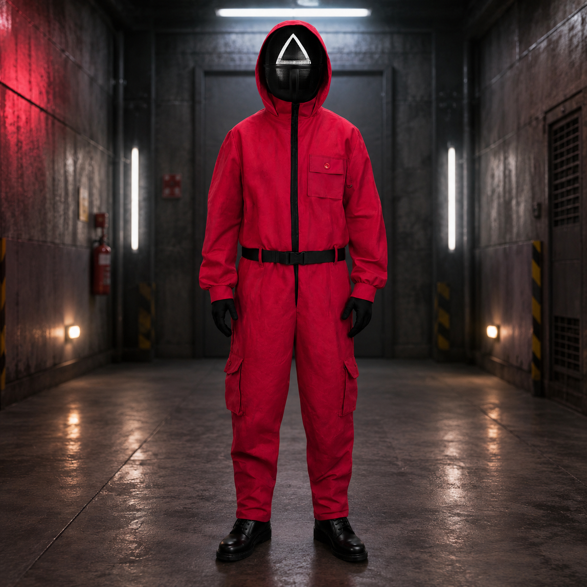 Halloween Jumpsuit Costume with Hooded Design Belt and Geometric Mask - Image 1