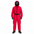 Halloween Jumpsuit Costume with Hooded Design Belt and Geometric Mask - Image 2