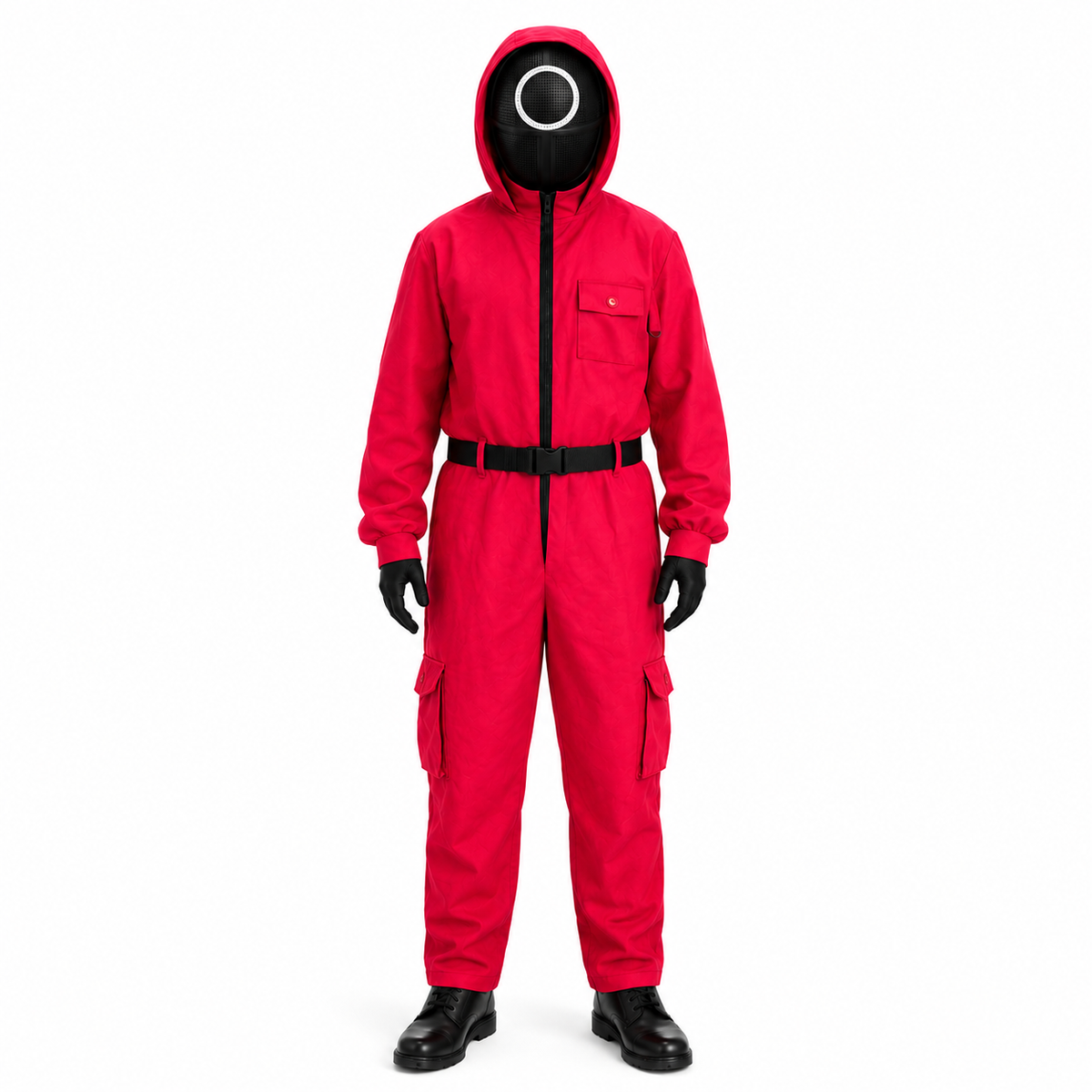Halloween Jumpsuit Costume with Hooded Design Belt and Geometric Mask - Image 2