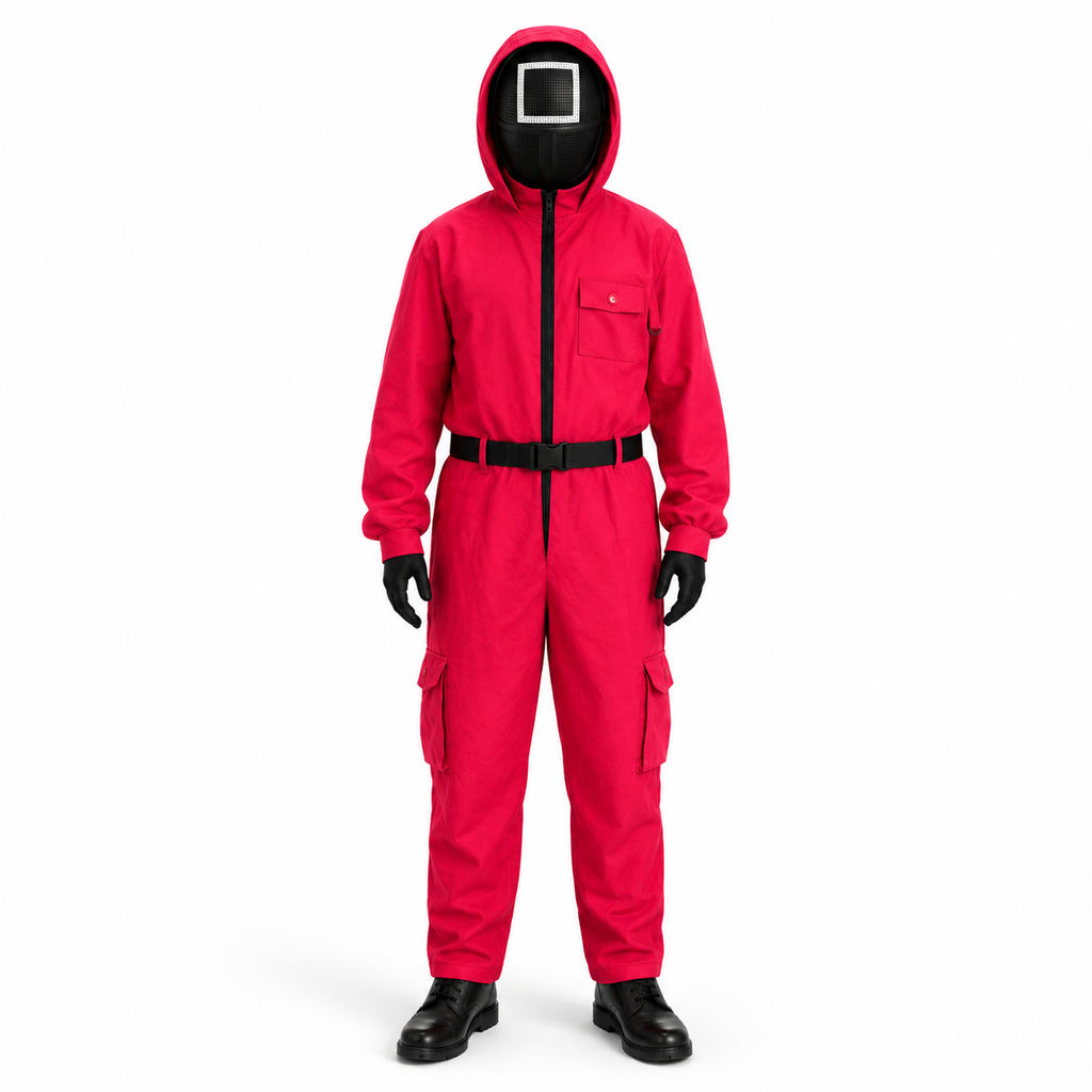 Halloween Jumpsuit Costume with Hooded Design Belt and Geometric Mask - Image 3