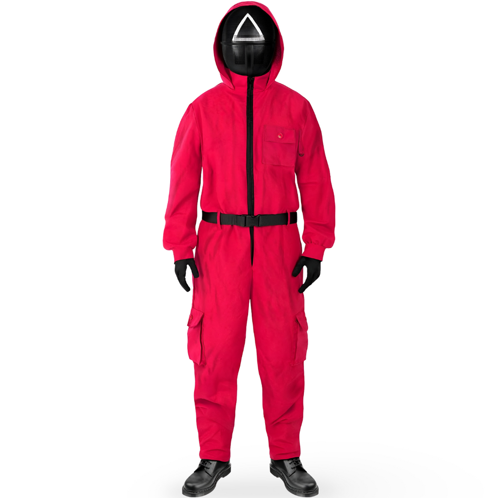 Halloween Jumpsuit Costume with Hooded Design Belt and Geometric Mask - Image 4