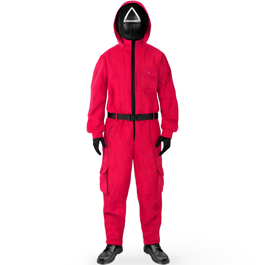 Halloween Jumpsuit Costume with Hooded Design Belt and Geometric Mask - Image 4