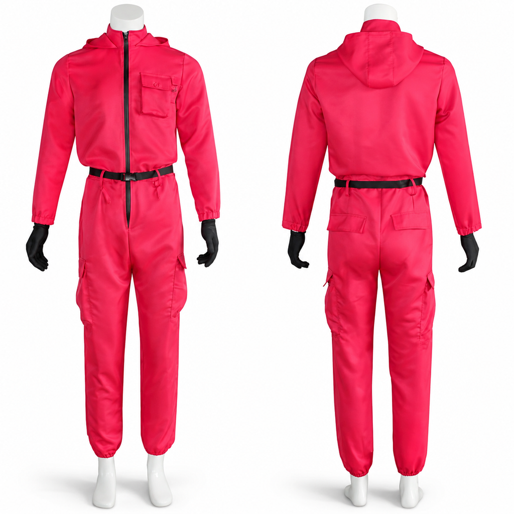 Halloween Jumpsuit Costume with Hooded Design Belt and Geometric Mask - Image 5