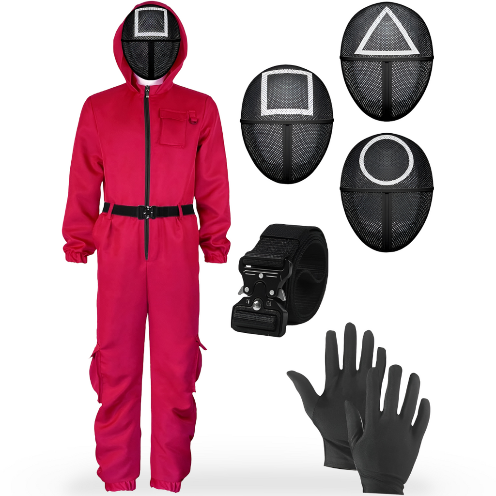 Halloween Jumpsuit Costume with Hooded Design Belt and Geometric Mask - Image 9