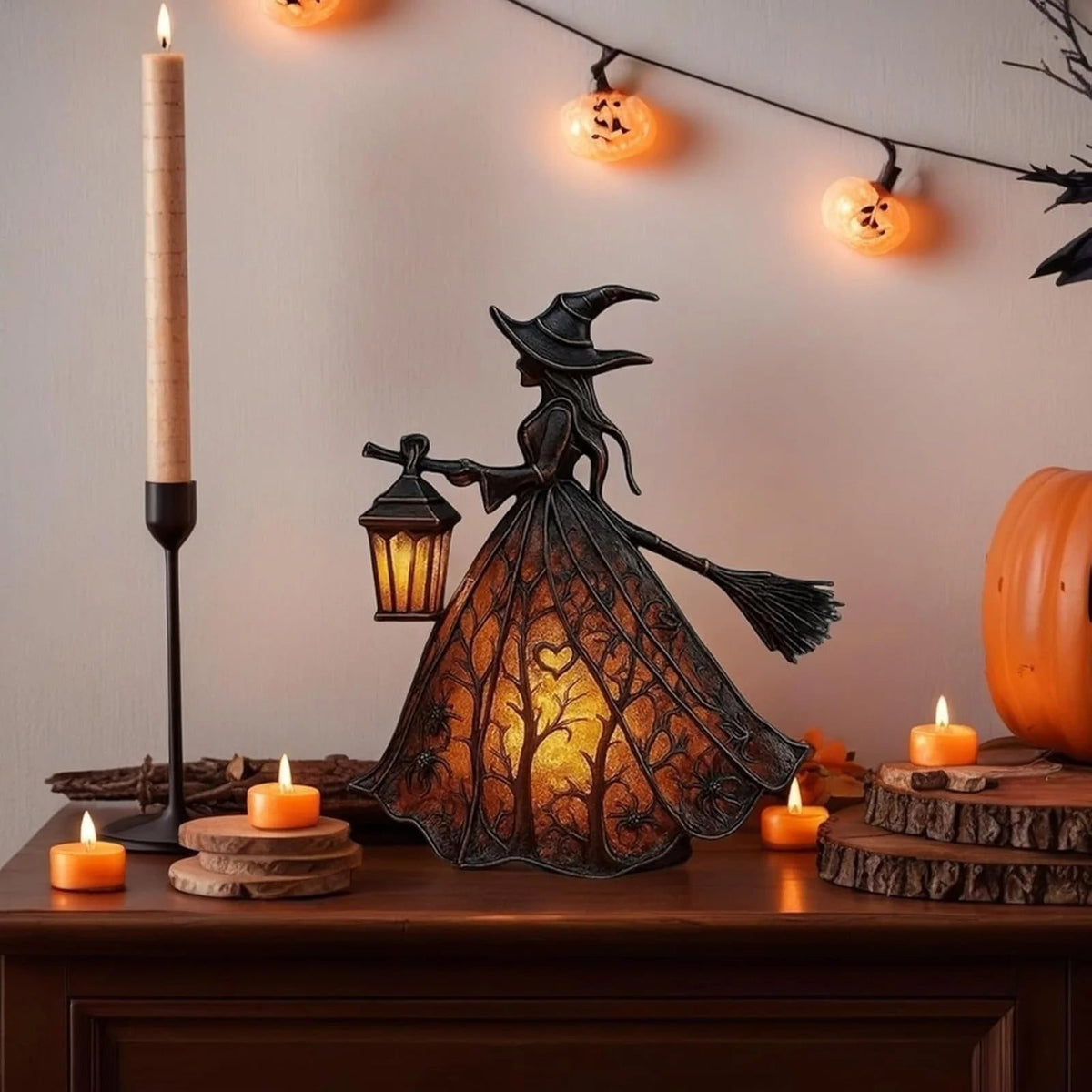 Halloween Witch Decor Figurine with LED Lantern Light and Broomstick for Party Decorations - Image 2