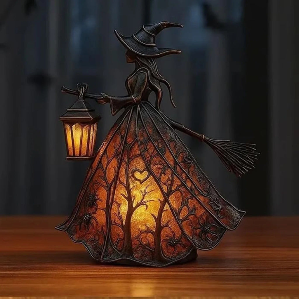 Halloween Witch Decor Figurine with LED Lantern Light and Broomstick for Party Decorations - Image 3