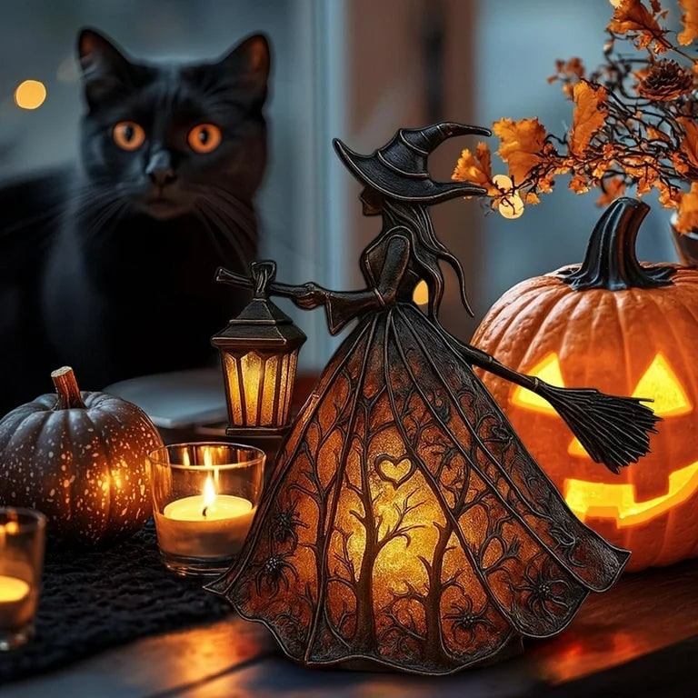 Halloween Witch Decor Figurine with LED Lantern Light and Broomstick for Party Decorations - Image 4