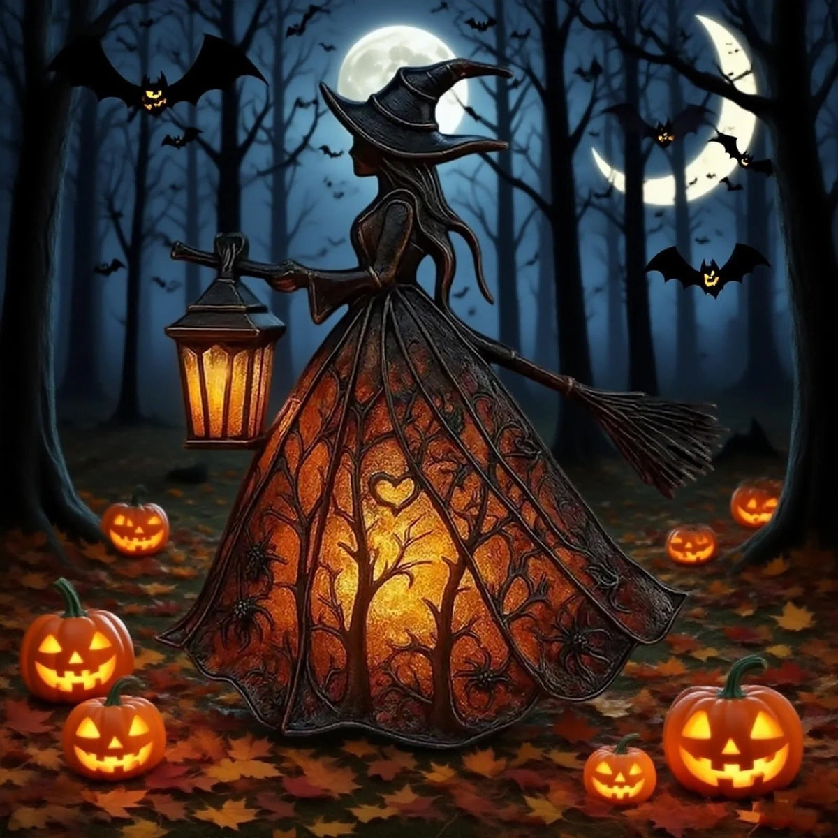 Halloween Witch Decor Figurine with LED Lantern Light and Broomstick for Party Decorations - Image 5