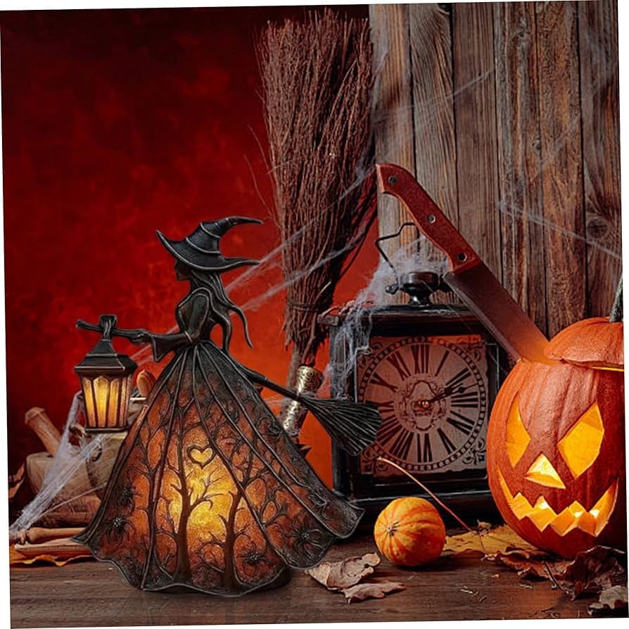 Halloween Witch Decor Figurine with LED Lantern Light and Broomstick for Party Decorations - Image 6