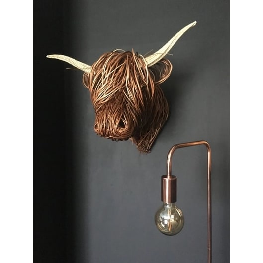 Handmade Highland Cow Wall Art Sculpture with Woven Willow and Rattan Horns - Image 1