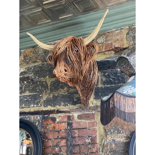 Handmade Highland Cow Wall Art Sculpture with Woven Willow and Rattan Horns - Image 3