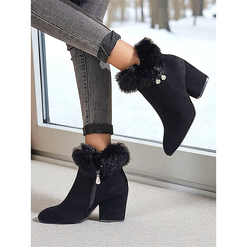 Women's Fur Trimmed Block Heel Ankle Boots