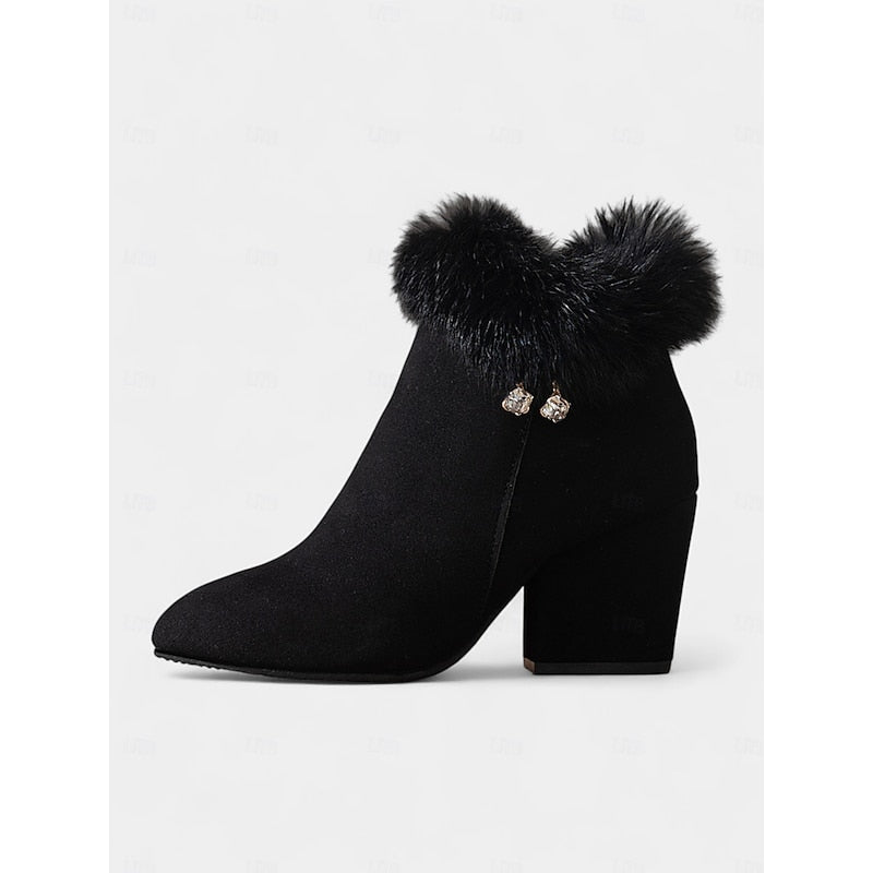 Women's Fur Trimmed Block Heel Ankle Boots