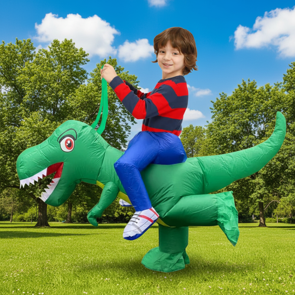 Inflatable Dinosaur Costume with Built-In Fan and Ride-On Design for Kids - Image 1