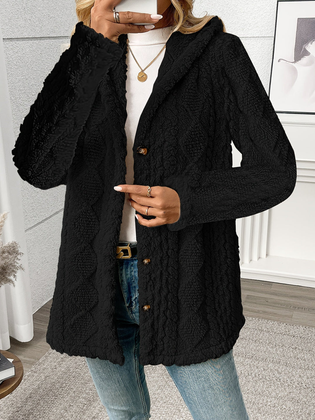 Women's Fluffy Teddy Coat with Button Front