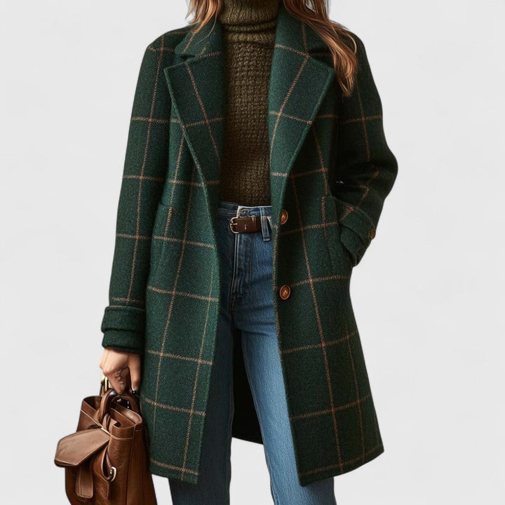 Women's Checked Wool Coat with Notch Lapel