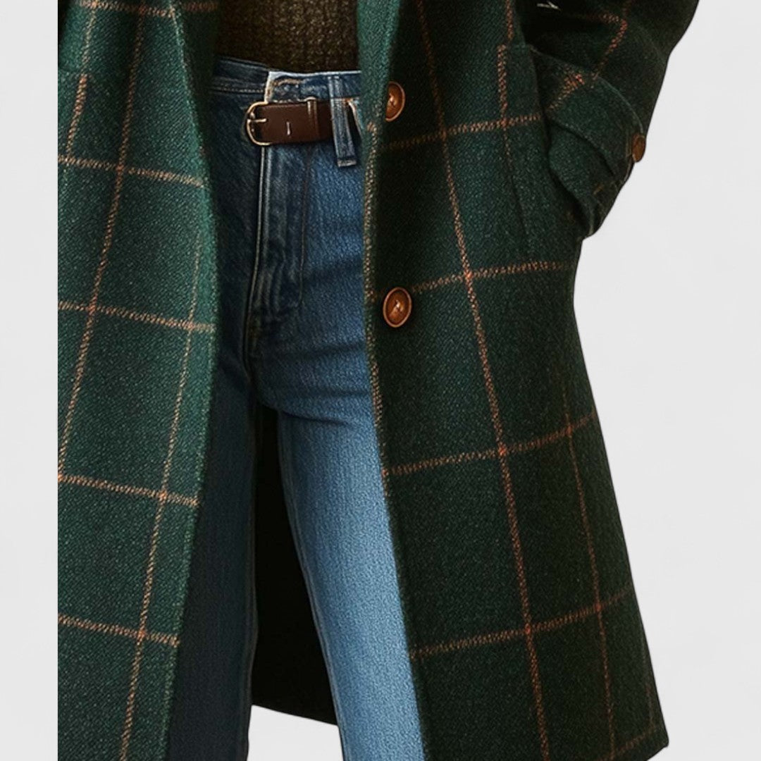 Women's Checked Wool Coat with Notch Lapel