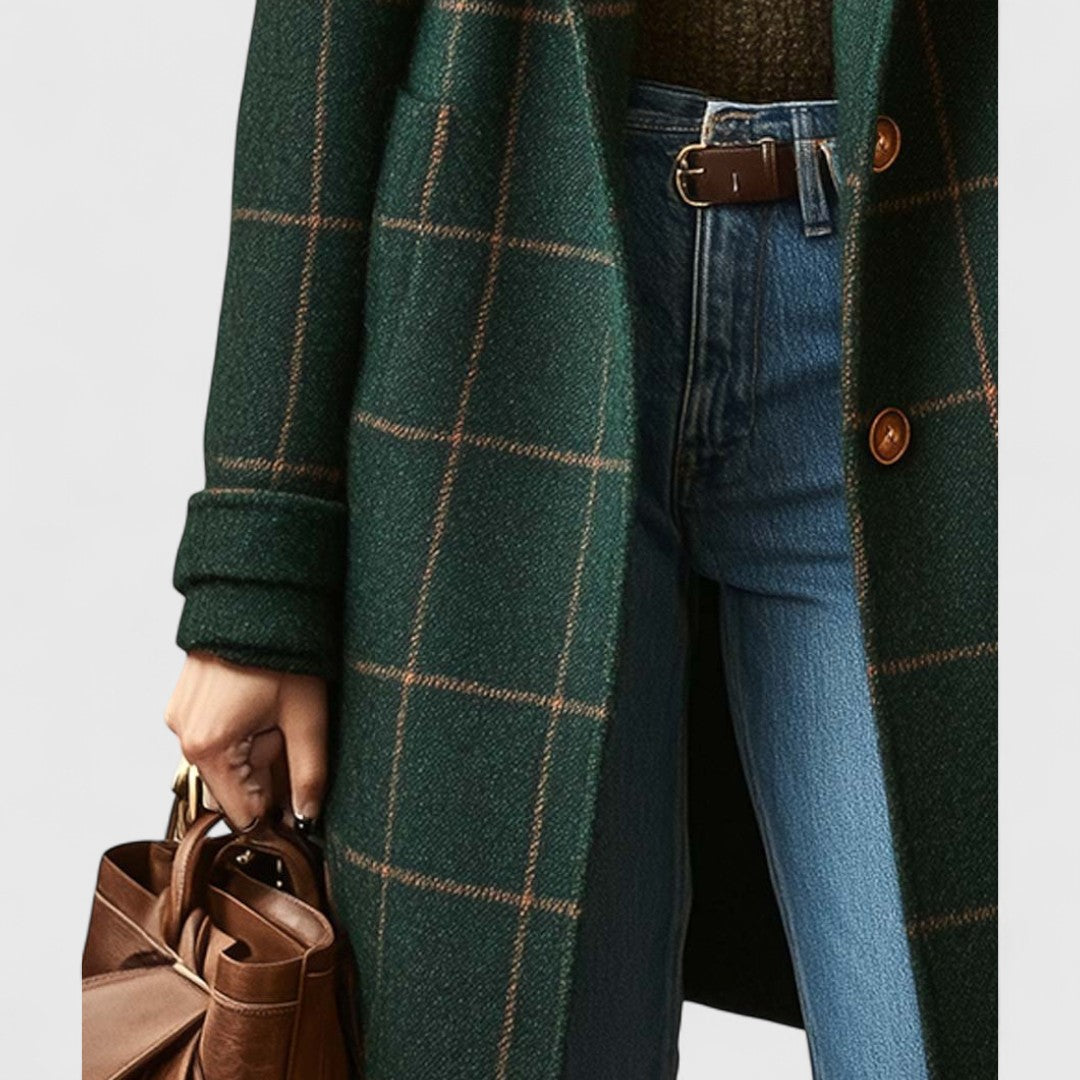 Women's Checked Wool Coat with Notch Lapel