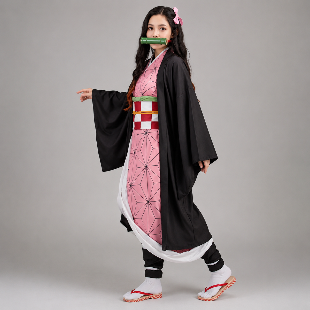 Kids' Anime Cosplay Costume Set with Kimono Haori Jacket Checkered Pattern and Leg Wraps - Image 1