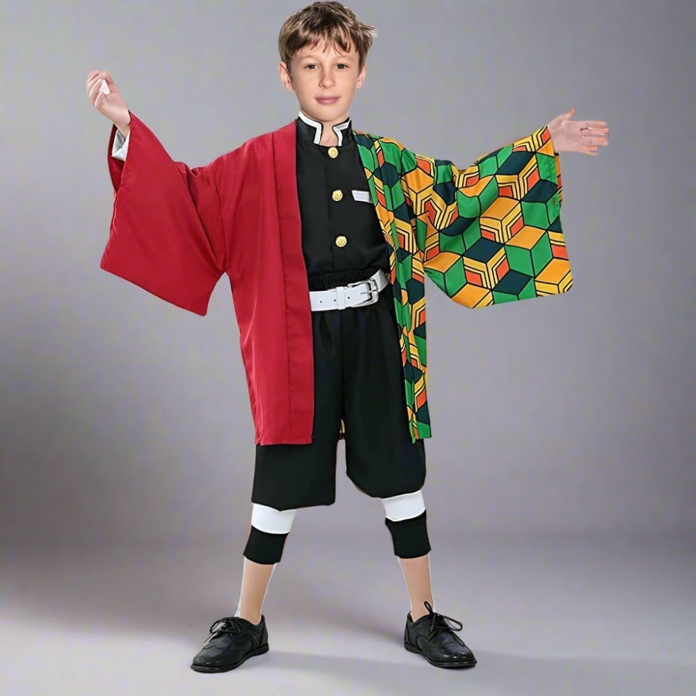 Kids' Anime Cosplay Costume Set with Kimono Haori Jacket Checkered Pattern and Leg Wraps - Image 11