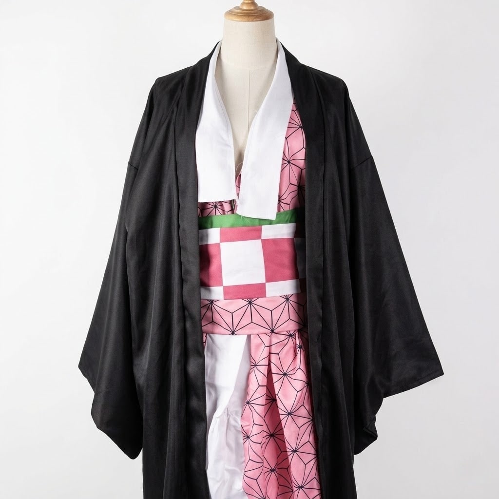 Kids' Anime Cosplay Costume Set with Kimono Haori Jacket Checkered Pattern and Leg Wraps - Image 2