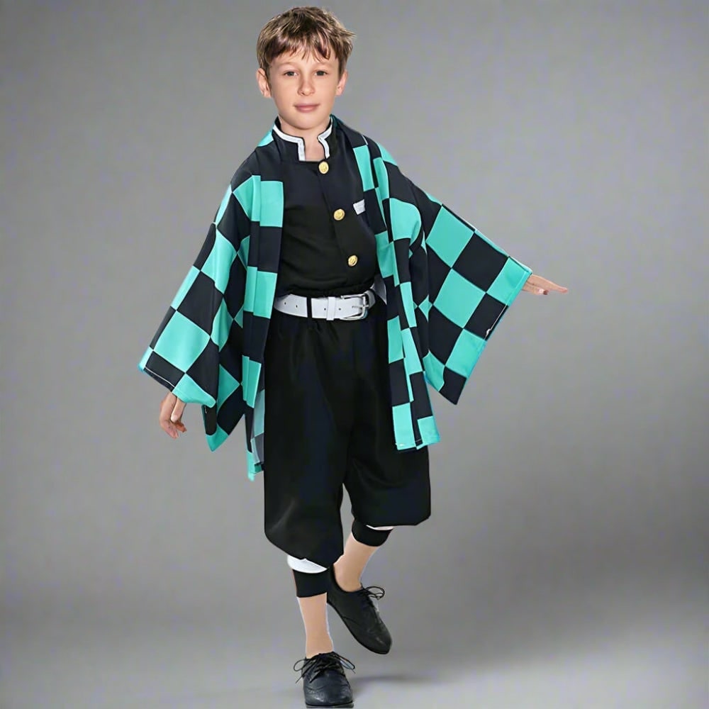 Kids' Anime Cosplay Costume Set with Kimono Haori Jacket Checkered Pattern and Leg Wraps - Image 5