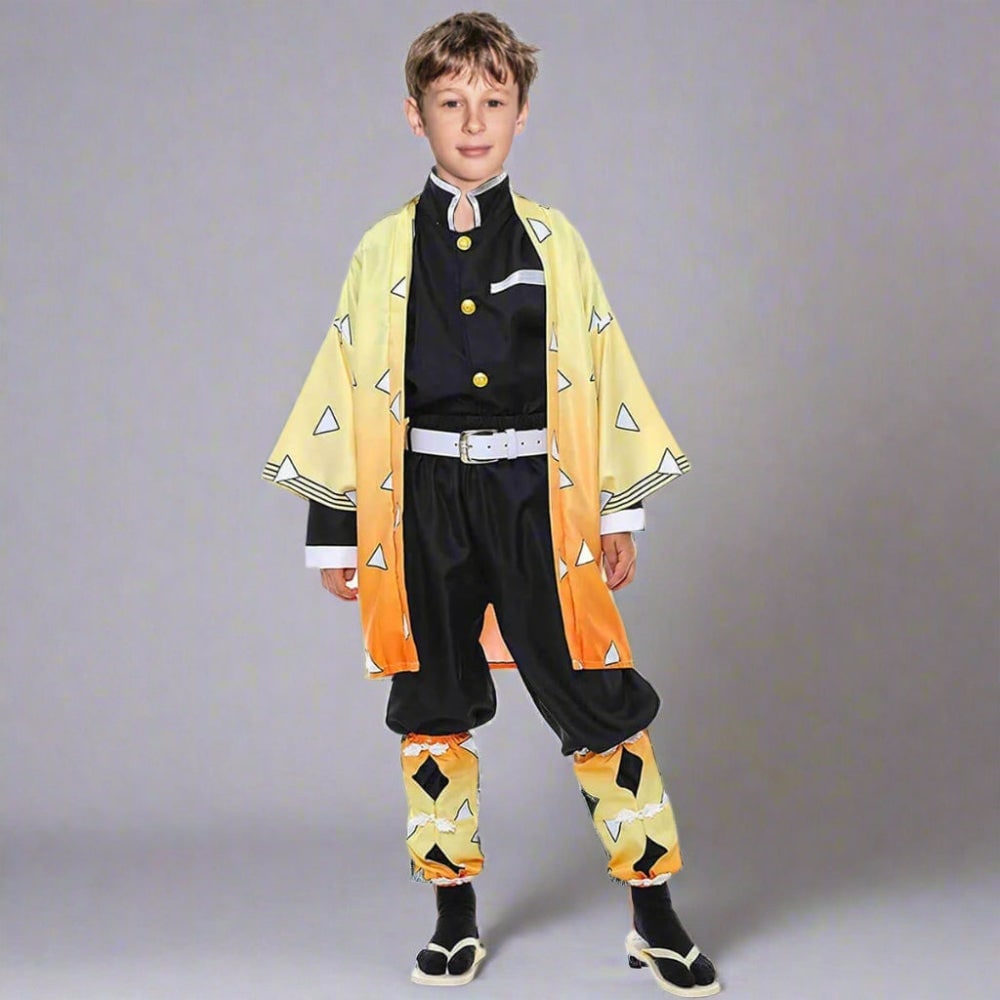 Kids' Anime Cosplay Costume Set with Kimono Haori Jacket Checkered Pattern and Leg Wraps - Image 7
