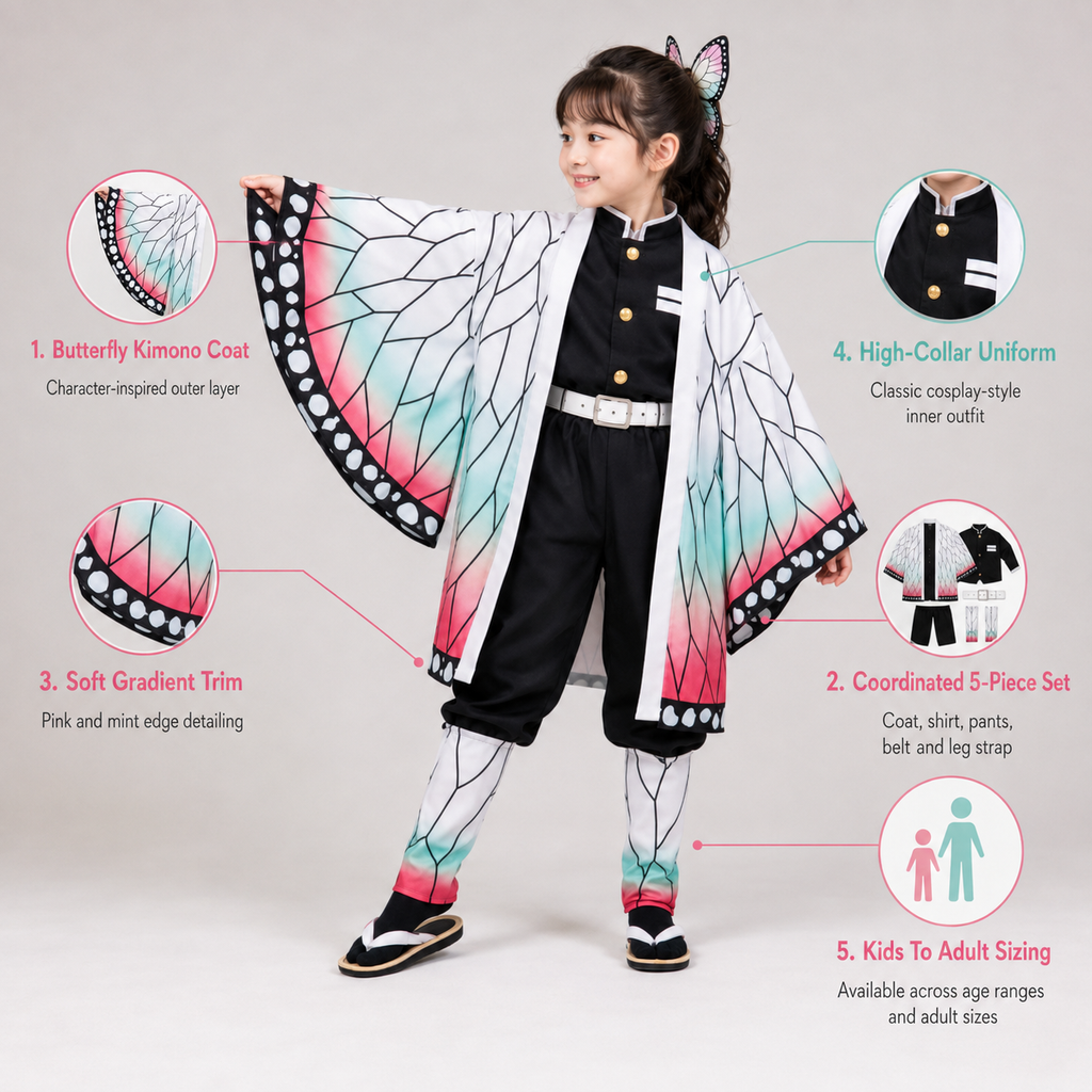 Kids' Anime Cosplay Costume with Butterfly Kimono Coat and Accessories Five-Piece Set - Image 4
