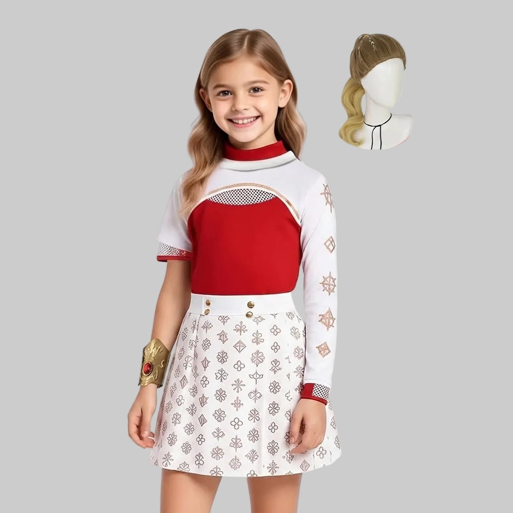 Kids' Anime Cosplay Costume with Red High-Neck Top White Pleated Skirt and Blonde - Image 3