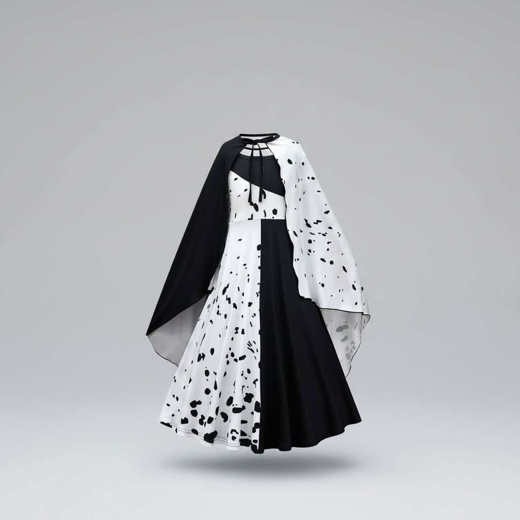 Kids' Black and White Villain Costume with Split Dress and Cape - Image 5