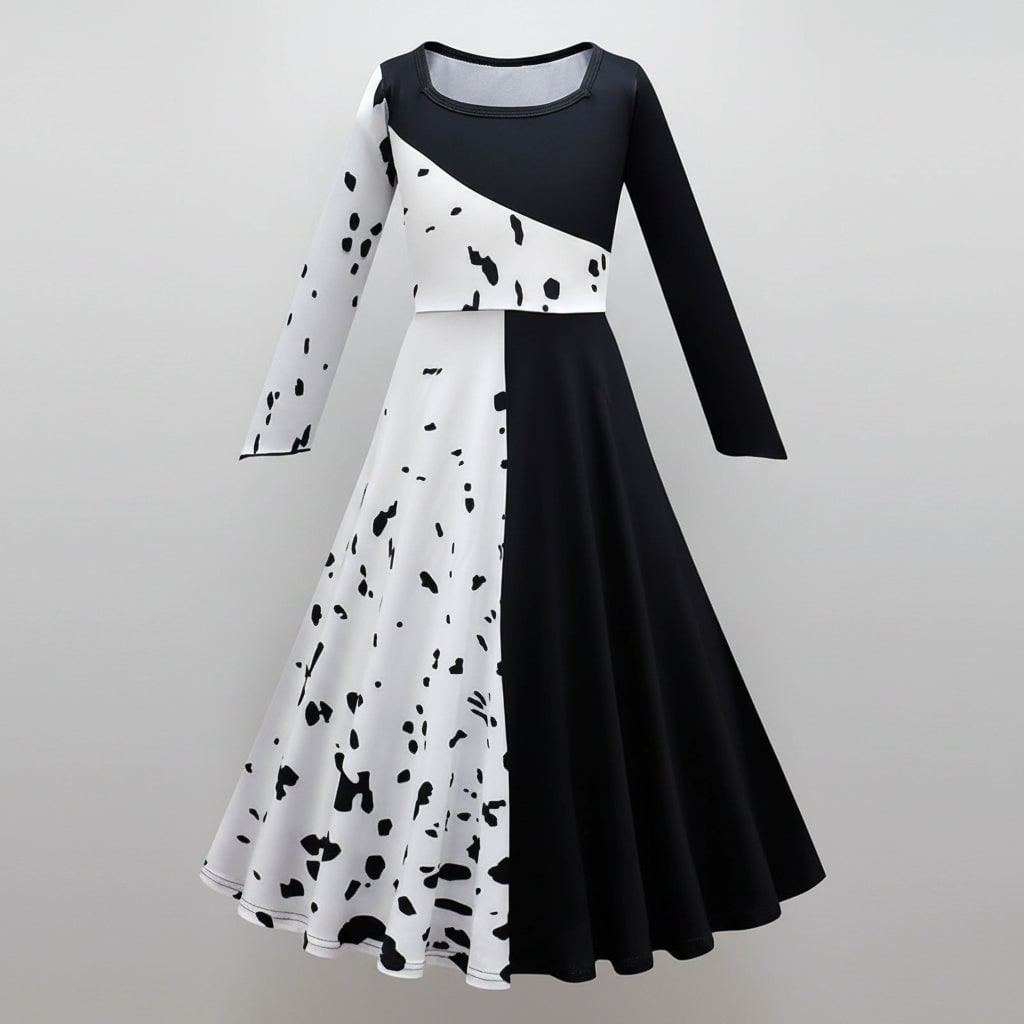 Kids' Black and White Villain Costume with Split Dress and Cape - Image 6