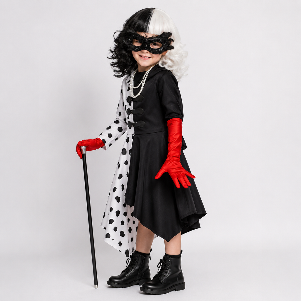 Kids' Dalmatian Costume with Black and White Split Design Attached Hood and Asymmetrical Hem for Halloween - Image 1
