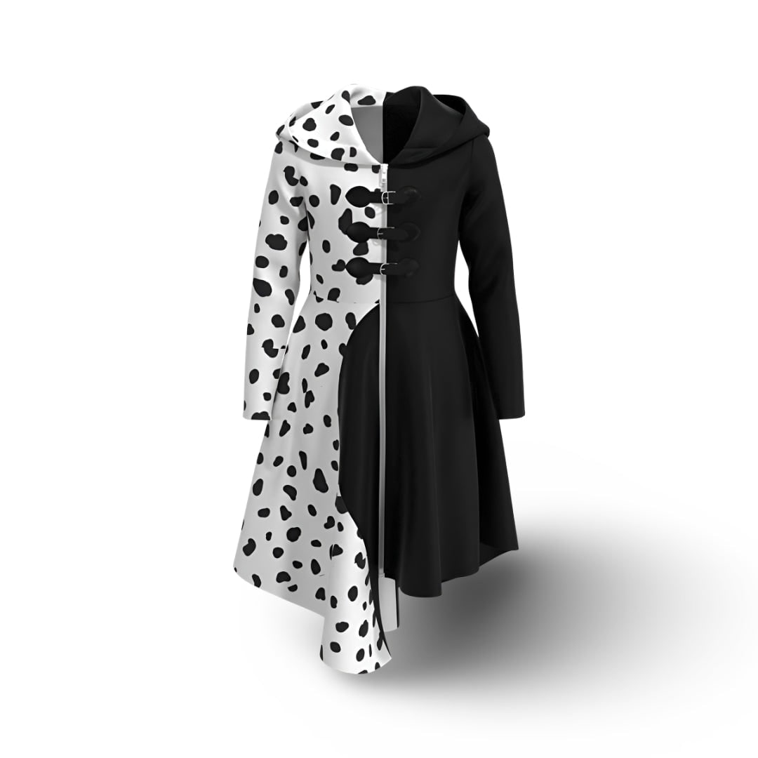 Kids' Dalmatian Costume with Black and White Split Design Attached Hood and Asymmetrical Hem for Halloween - Image 2