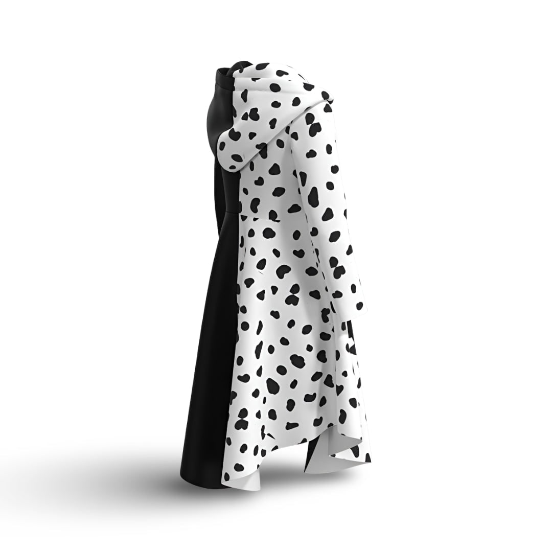 Kids' Dalmatian Costume with Black and White Split Design Attached Hood and Asymmetrical Hem for Halloween - Image 6
