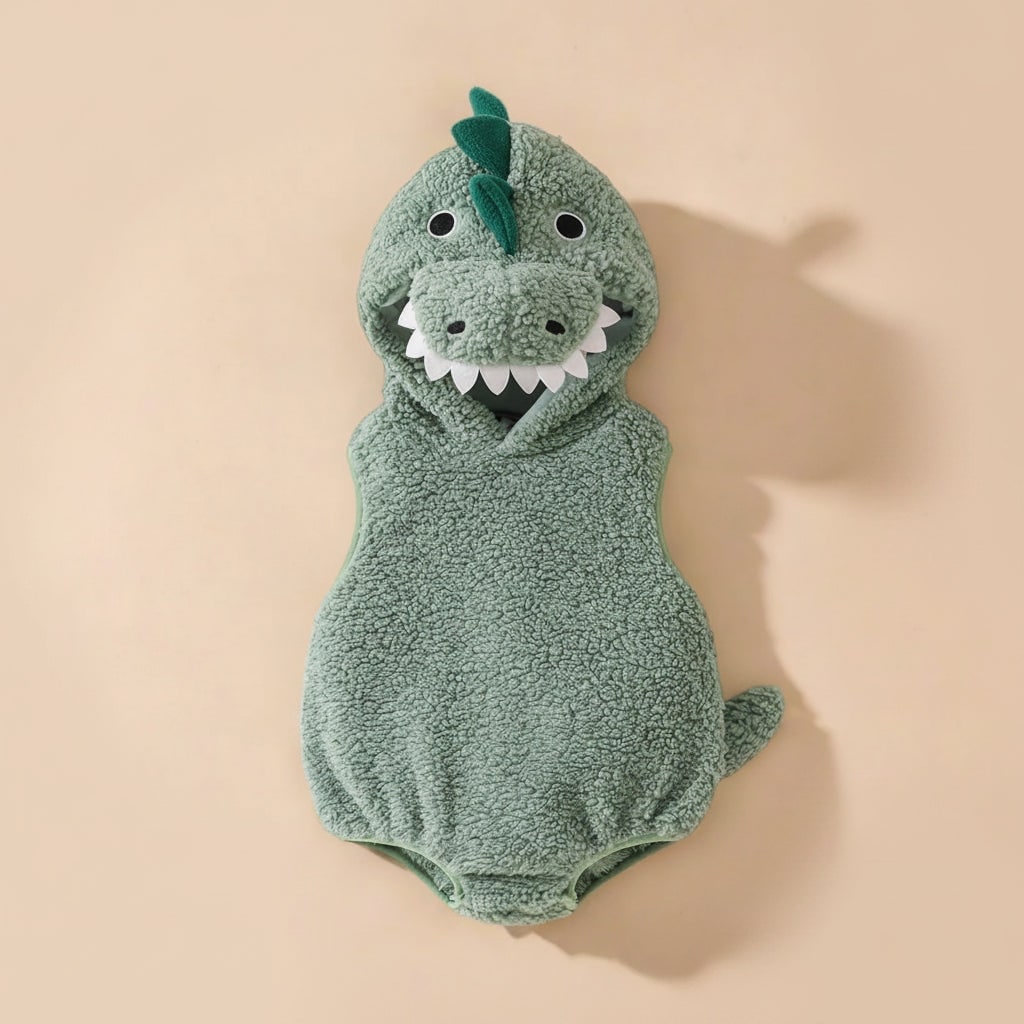 Kids' Dinosaur Costume Hooded Romper with Sherpa Fleece Stuffed Tail and Spikes - Image 2