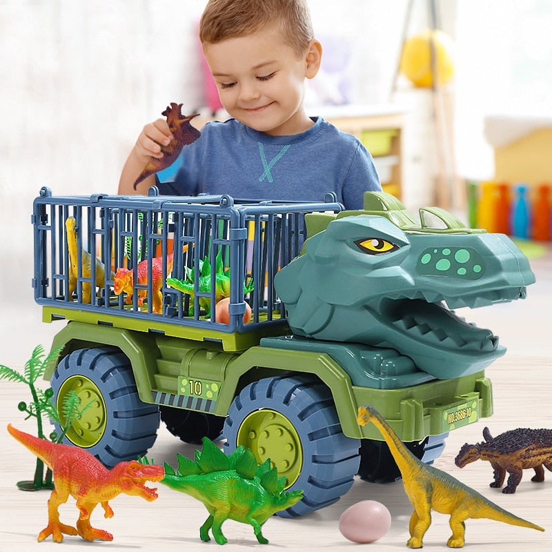 Kids' Dinosaur Toy Truck with Cage T-Rex Cab and Plastic Figures with Eggs - Image 1