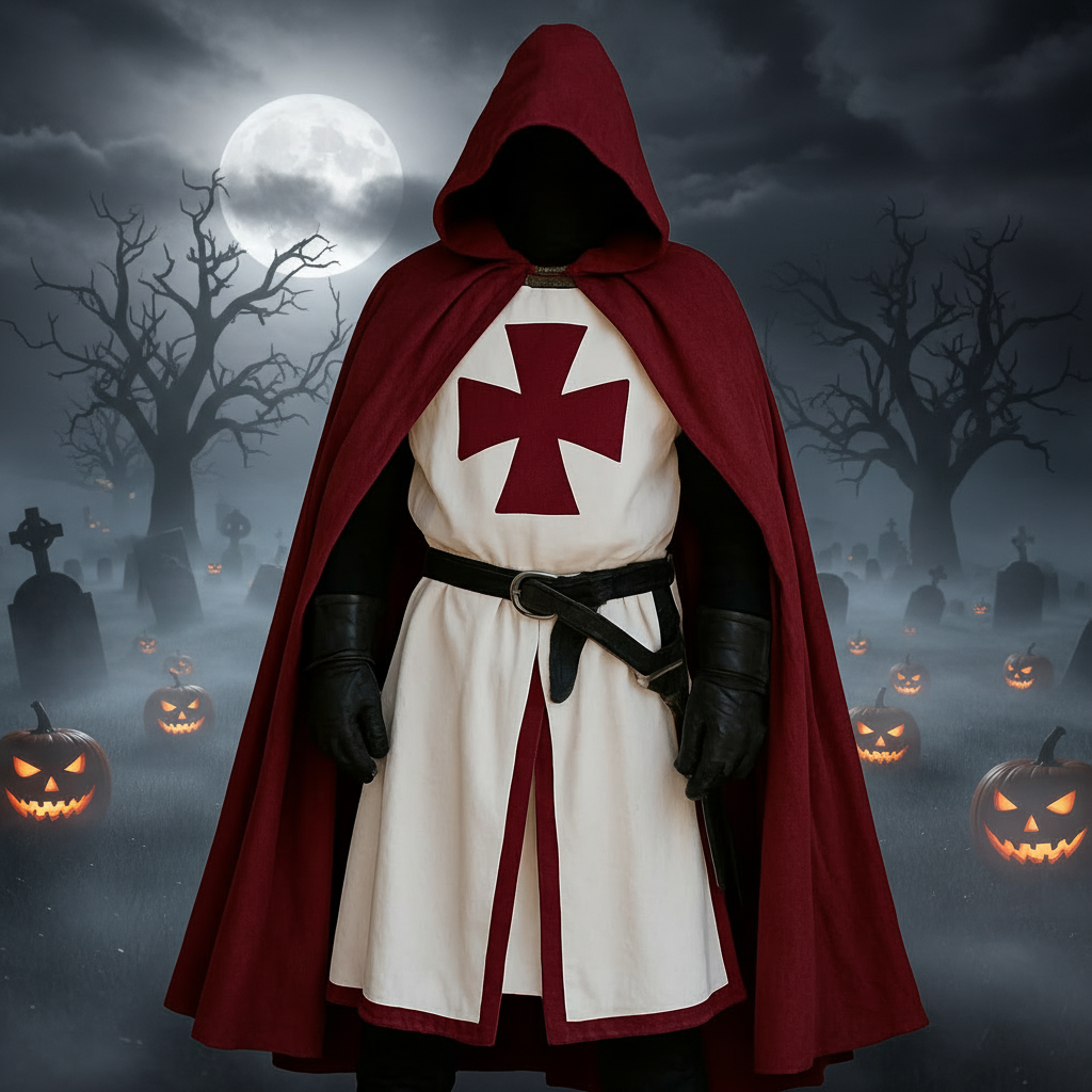 Knight Costume with Medieval Tunic Cross Pattée Print and Split Hem Design - Image 1