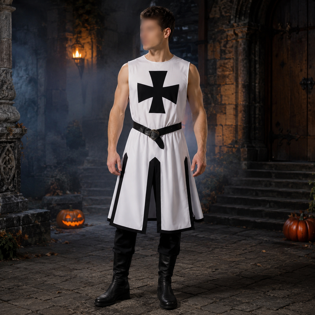 Knight Costume with Medieval Tunic Cross Pattée Print and Split Hem Design - Image 4