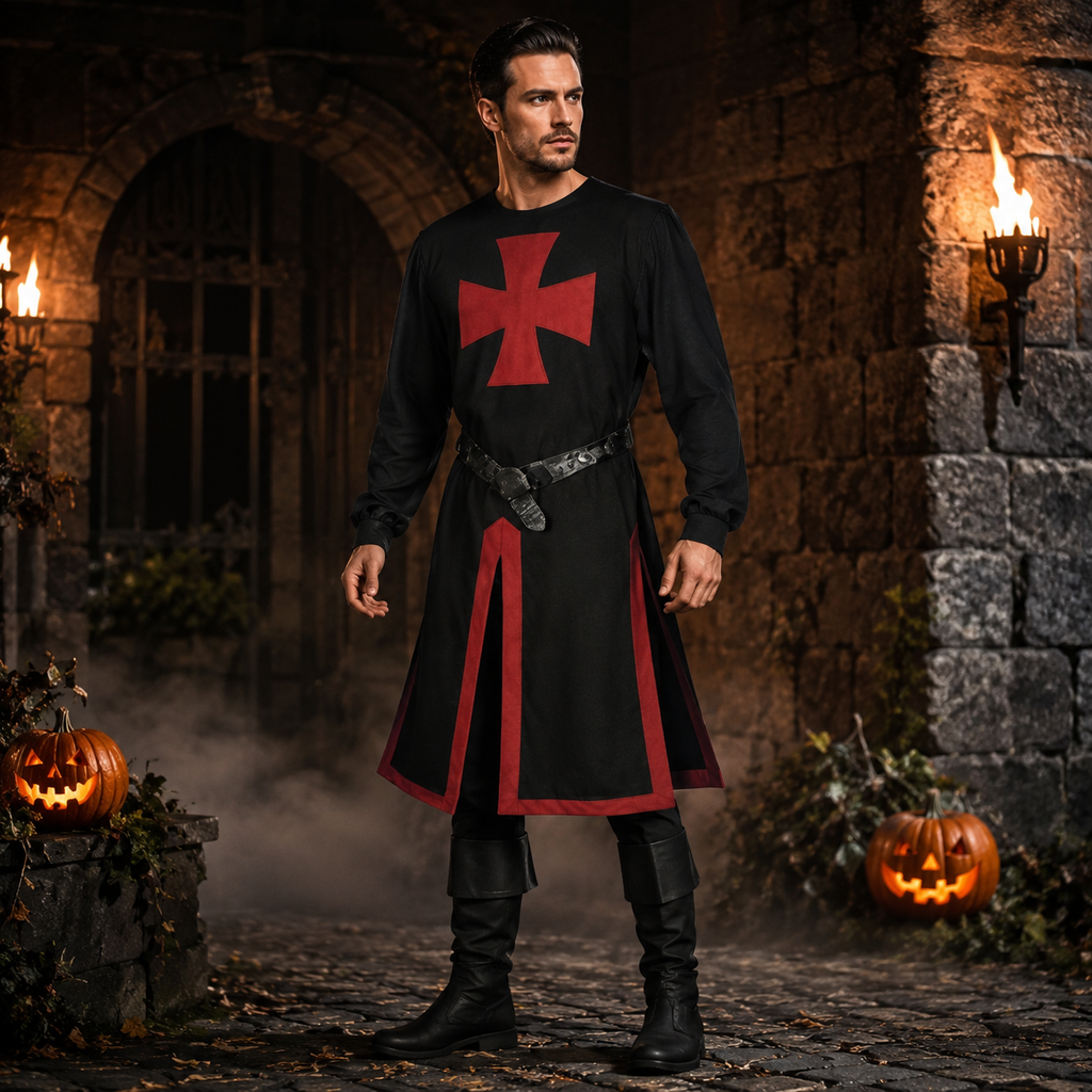 Knight Costume with Medieval Tunic Cross Pattée Print and Split Hem Design - Image 5