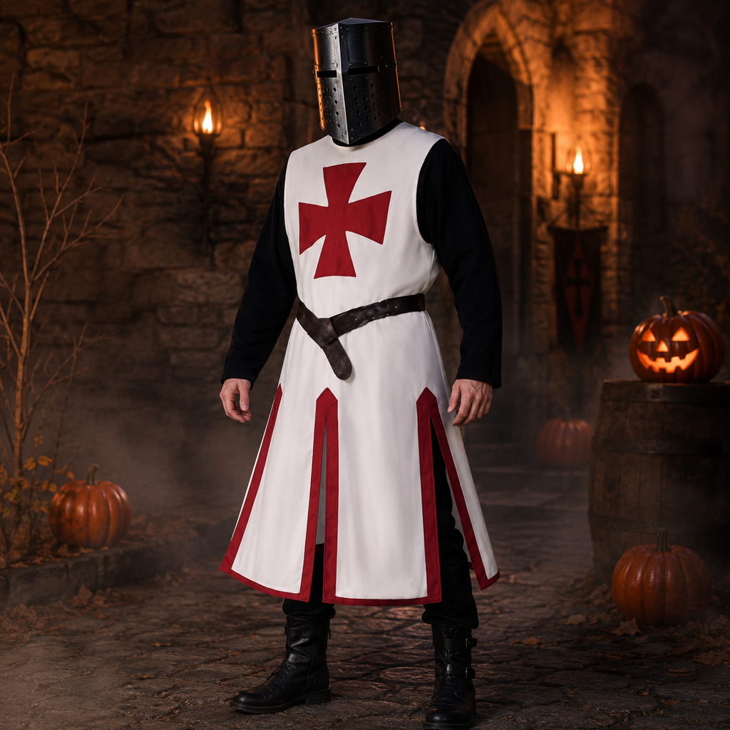 Knight Costume with Medieval Tunic Cross Pattée Print and Split Hem Design - Image 6