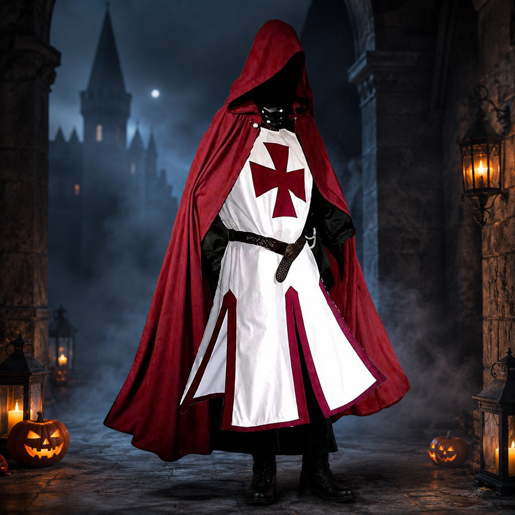 Knight Costume with Medieval Tunic Cross Pattée Print and Split Hem Design - Image 9