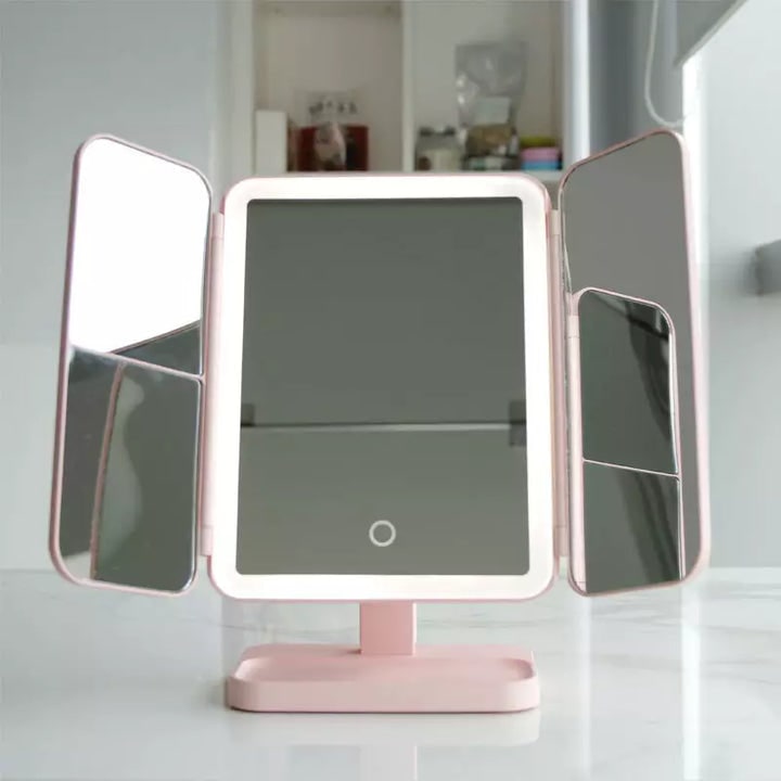 LED Vanity Mirror with Magnification Adjustable Lights and Foldable Storage Base - Image 3