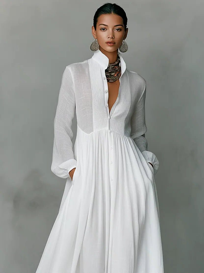 Women's Linen Blend Maxi Shirt Dress