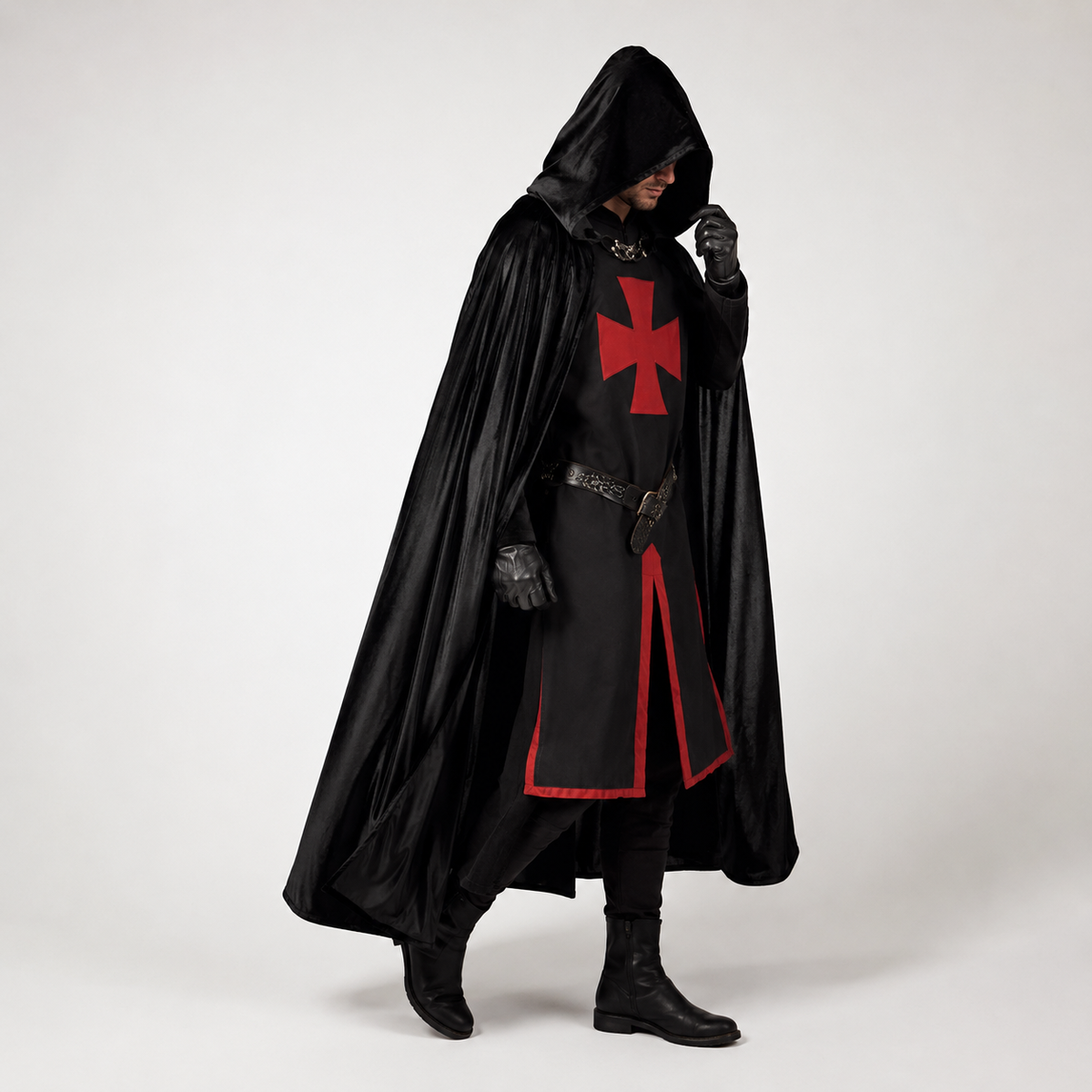 Medieval Knight Costume Tunic with Templar Cross and Hooded Cloak for Cosplay - Image 1