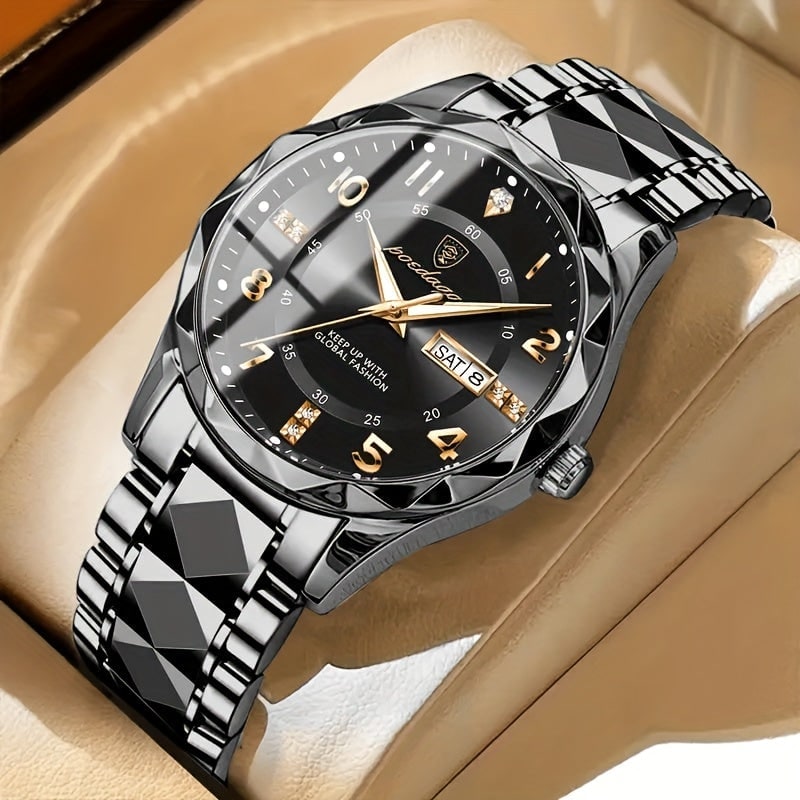 Men's Analog Watch with Day Date Window Faceted Bezel and Metal Link Bracelet - Image 1