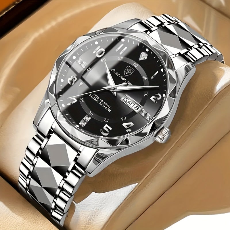 Men's Analog Watch with Day Date Window Faceted Bezel and Metal Link Bracelet - Image 10