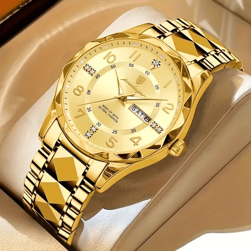 Men's Analog Watch with Day Date Window Faceted Bezel and Metal Link Bracelet - Image 12