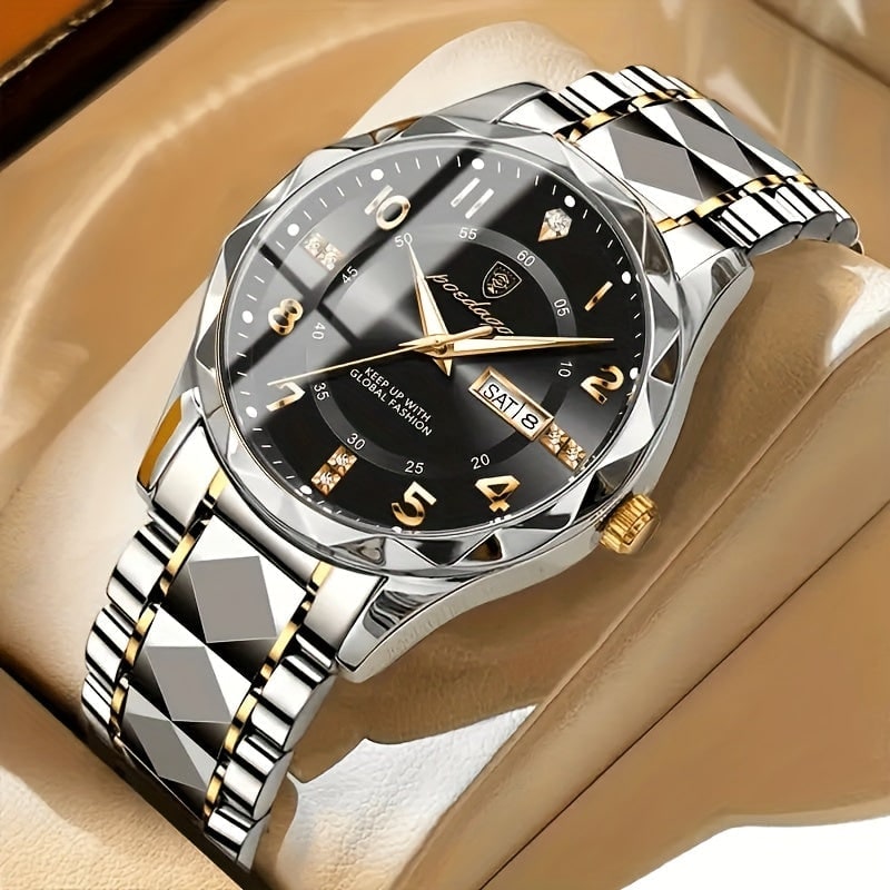 Men's Analog Watch with Day Date Window Faceted Bezel and Metal Link Bracelet - Image 2