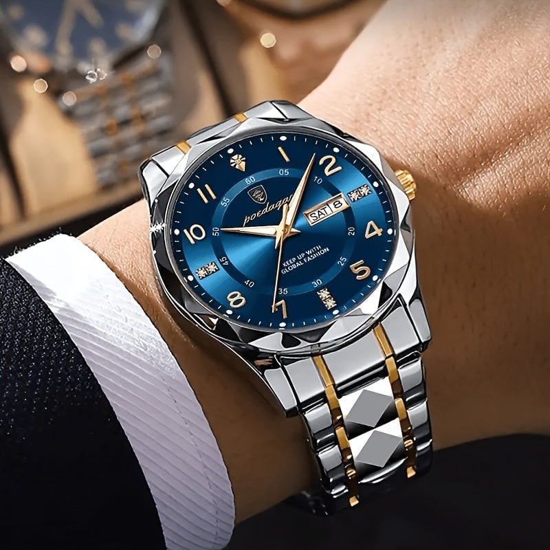 Men's Analog Watch with Day Date Window Faceted Bezel and Metal Link Bracelet - Image 3