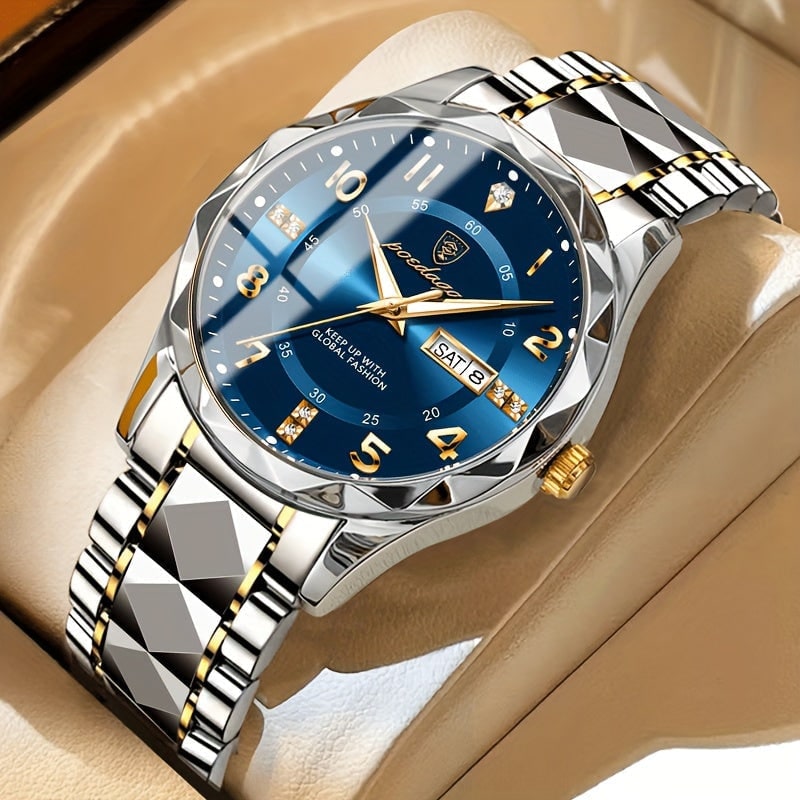 Men's Analog Watch with Day Date Window Faceted Bezel and Metal Link Bracelet - Image 6